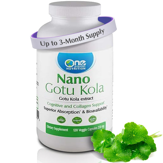 One Planet Nutrition nano Gotu Kola capsule closeup highlighting nano-size formula.