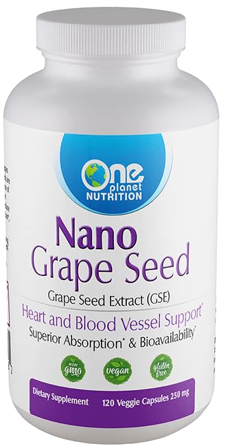 One Planet Nutrition nano grape seed extract bottle supports antioxidant defenses and circulation.