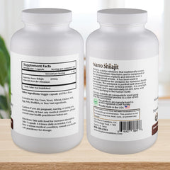 Close-up of Nano Shilajit veggie capsules highlighting nano size and easy absorption.