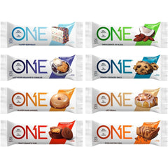 ONE Protein Bars sampler pack packaging - gluten-free, 20g protein, 1g sugar, ideal on-the-go snack.