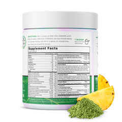 One Sol Greens bottle pouring powder into a glass for gut-friendly daily use.