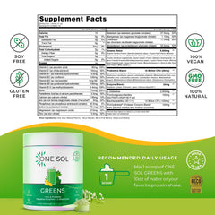 One Sol Greens ingredients label highlights probiotic and enzyme blends.
