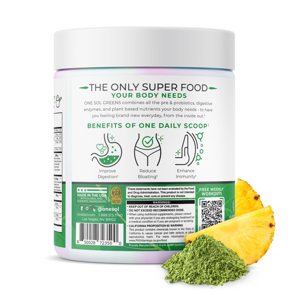 One Sol Greens scoop with powder ready to mix into smoothie.