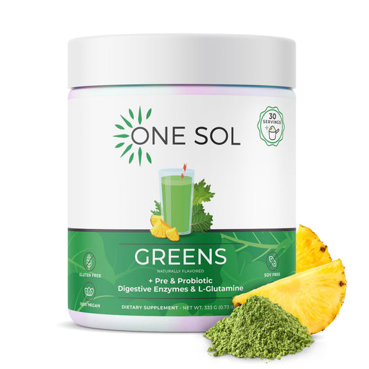 One Sol Greens tub front view, premium greens blend for daily digestion support.