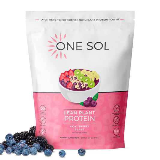 One Sol Lean Protein Acai Berry Blast bottle displaying vegan pea and brown rice formula
