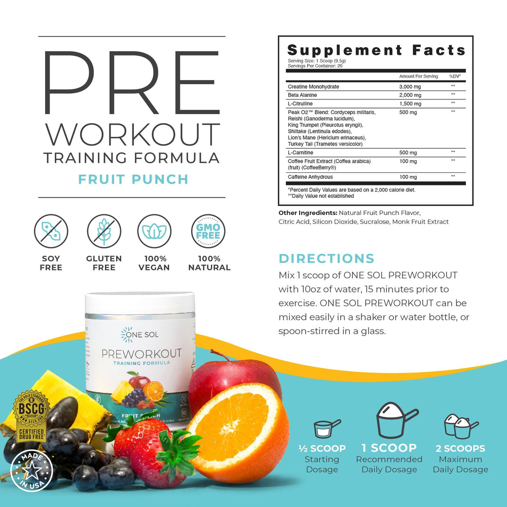 One Sol pre-workout fruit punch scoop helps precise dosing for consistent workouts.