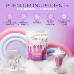 One Sol Unicorn Milkshake ingredients display pea and brown rice proteins