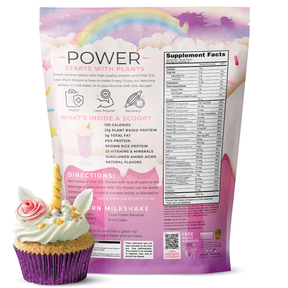 One Sol Unicorn Milkshake label highlighting gluten, lactose, and soy free formula