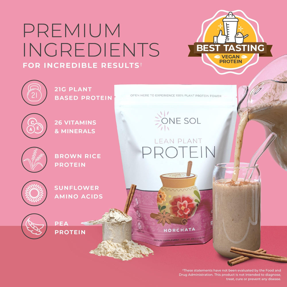 Packaging with vegan, gluten-free and dairy-free badge for One Sol powder.