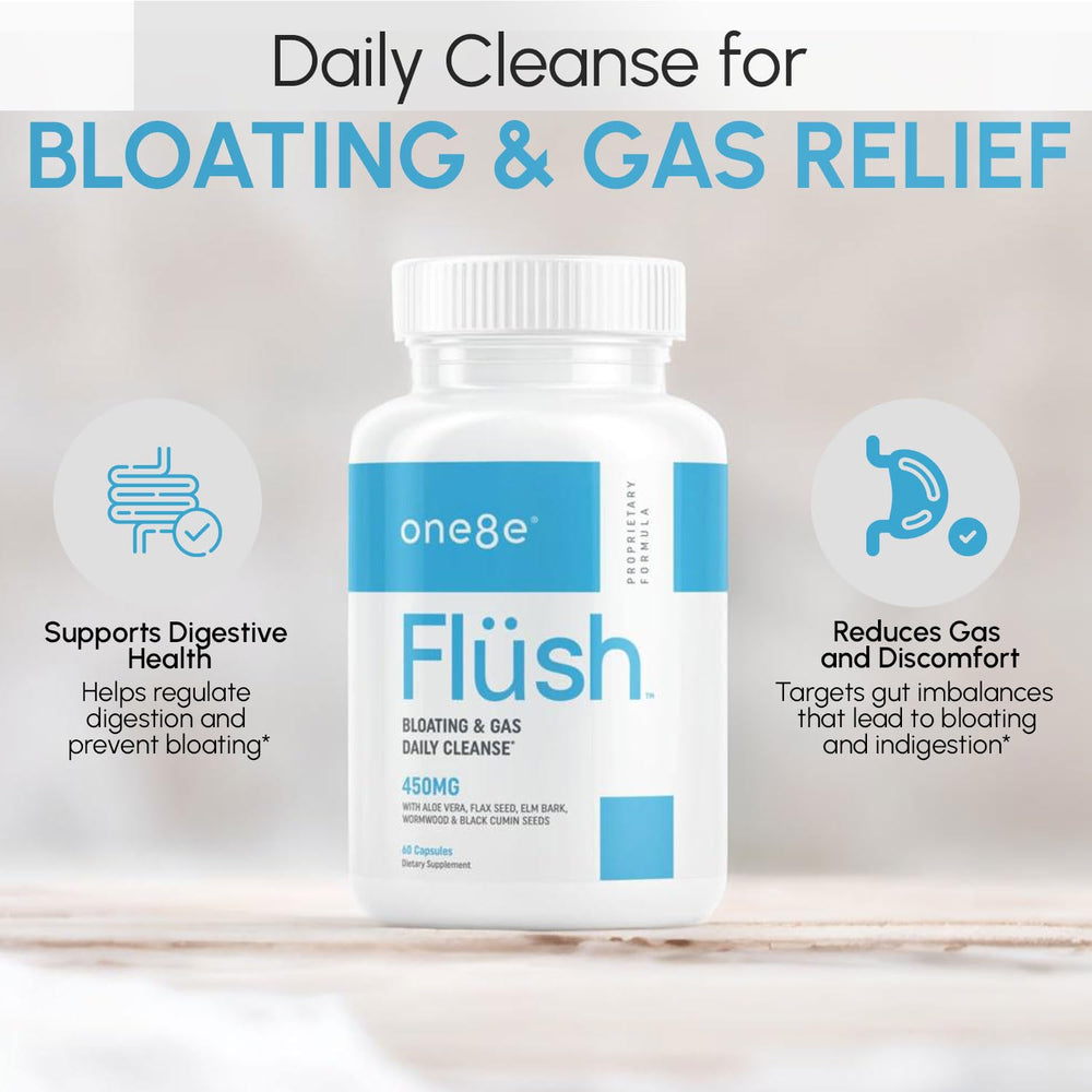ONE8E Flüsh capsules close-up for gentle gut support.