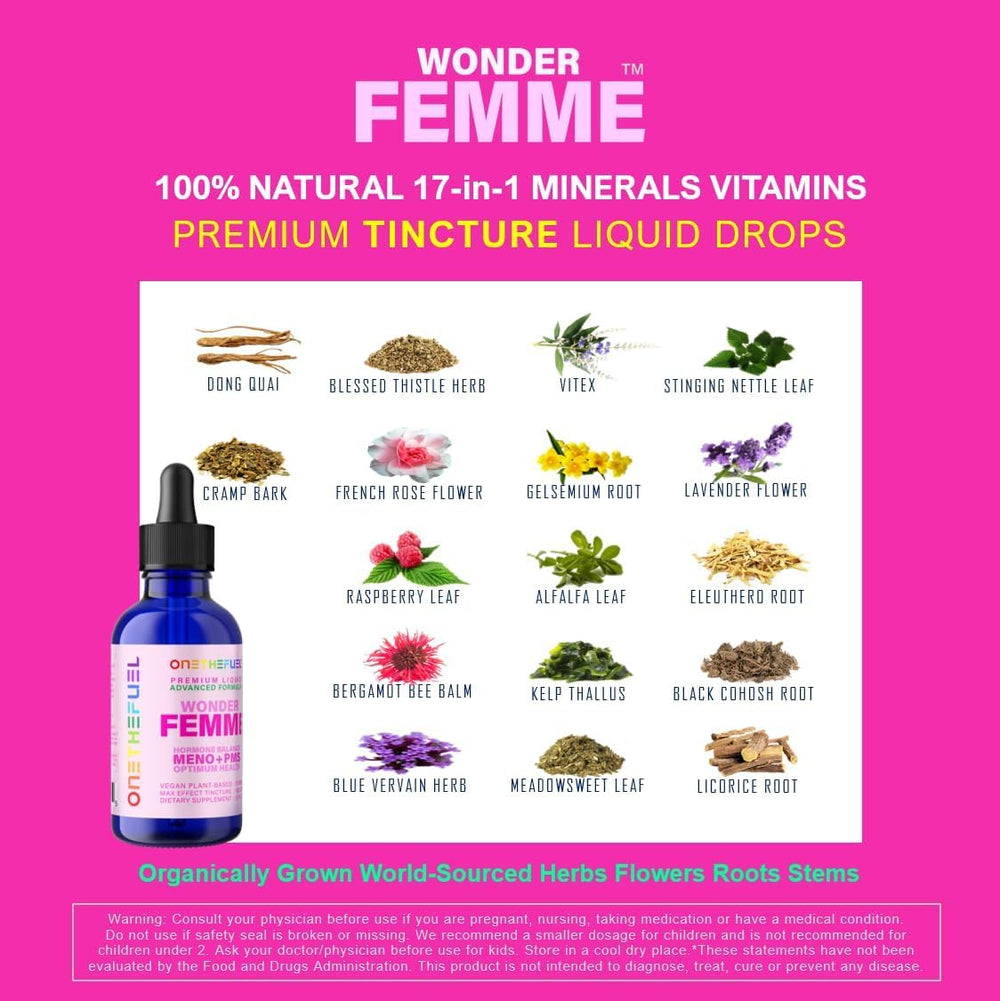 ONETHEFUEL Wonder Femme dropper dispensing tincture for convenient use and quick absorption.