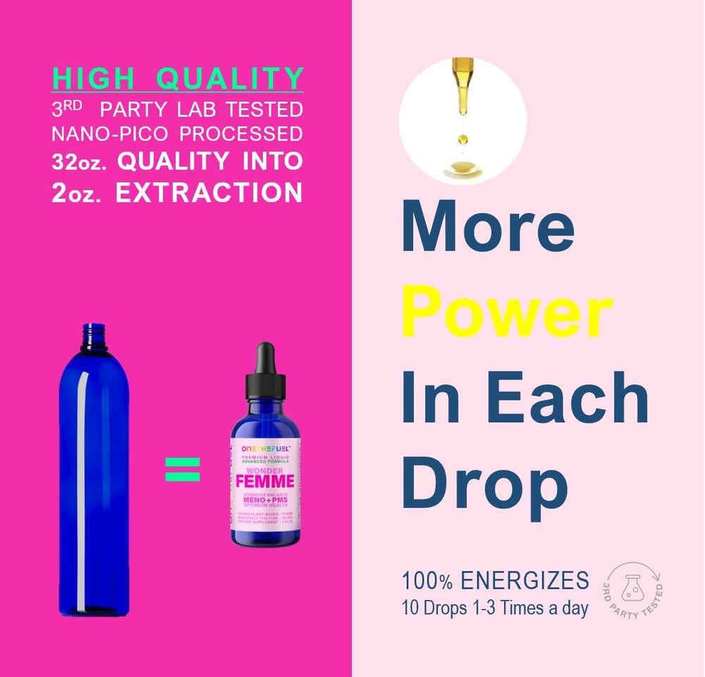 ONETHEFUEL Wonder Femme ingredients list featuring 17 adaptogens for balance.