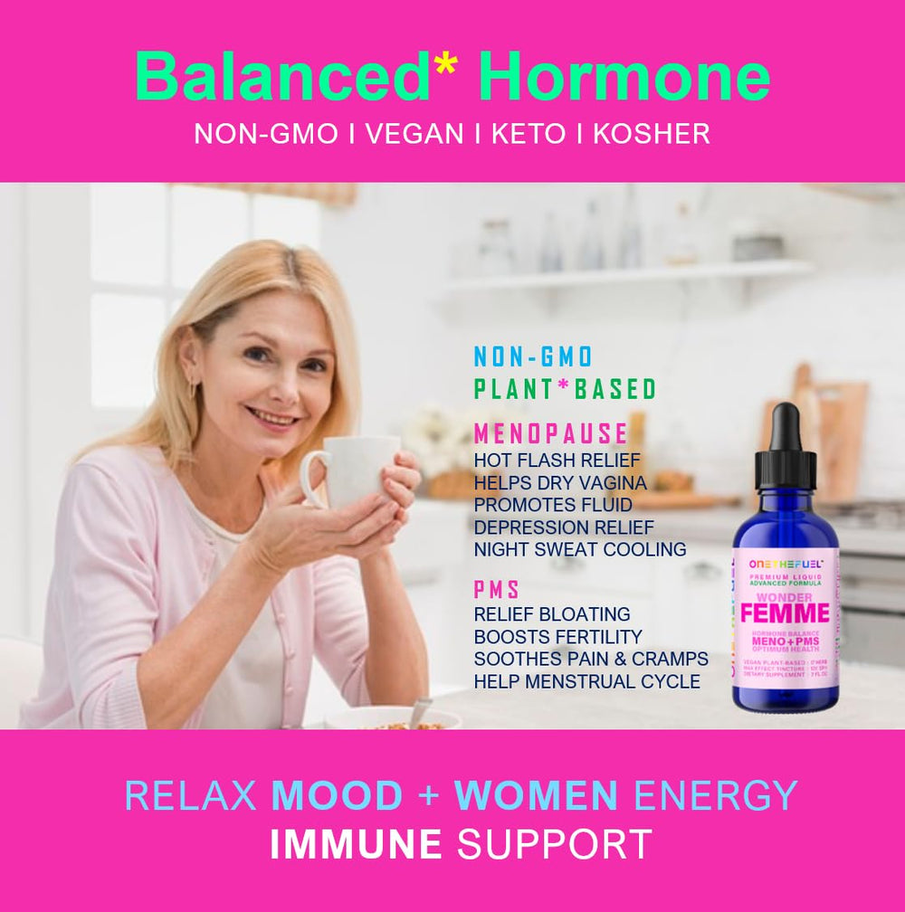 ONETHEFUEL Wonder Femme label close-up highlighting plant-based formula for natural balance.