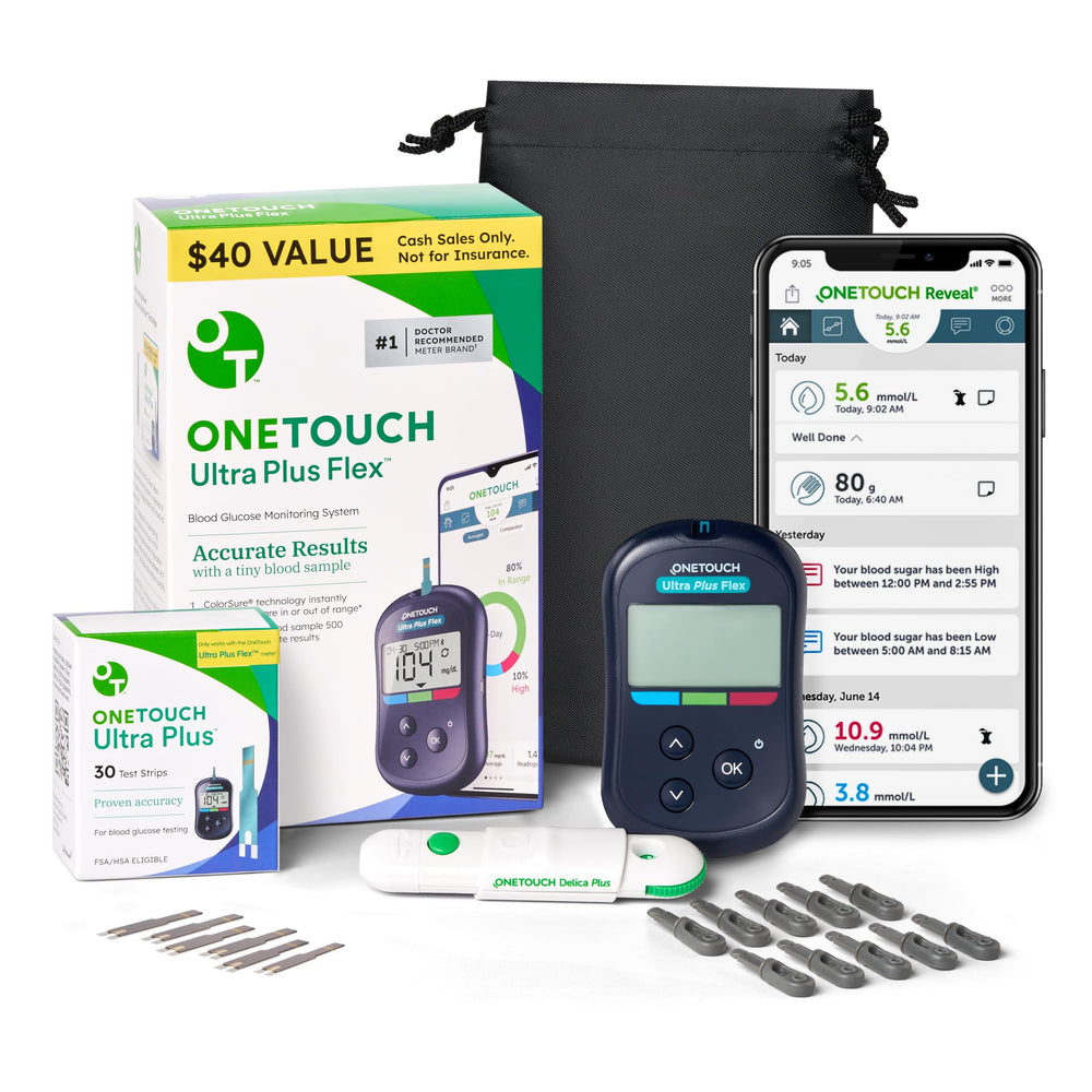 OneTouch Ultra Plus Flex meter with bright display for quick, clear readings