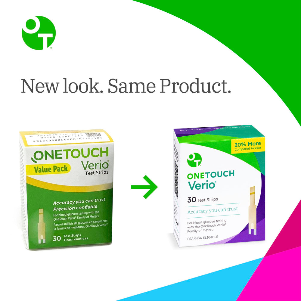 OneTouch Verio test strip close-up with small blood sample testing