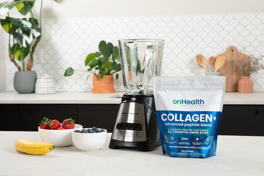 onhealth collagen powder jar with spoon ready for smoothies