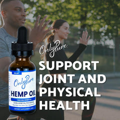 OnlyPure Relief hemp oil bottle shows third-party testing seal