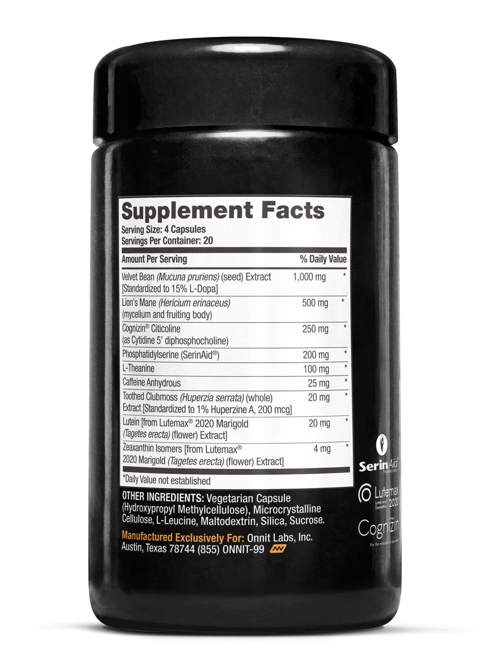 ONNIT Alpha Brain Black Label close-up shows caffeine and L-Theanine.