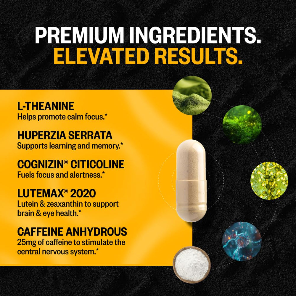 ONNIT Alpha Brain Black Label caffeine-theanine blend supports steady alertness.