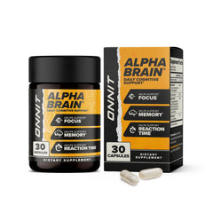 ONNIT Alpha Brain bottle with capsules supporting daily mental clarity and focus.