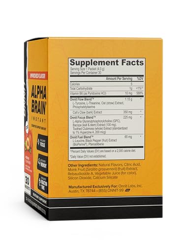 ONNIT Alpha Brain Instant bottle label highlights ingredients for memory and clarity.