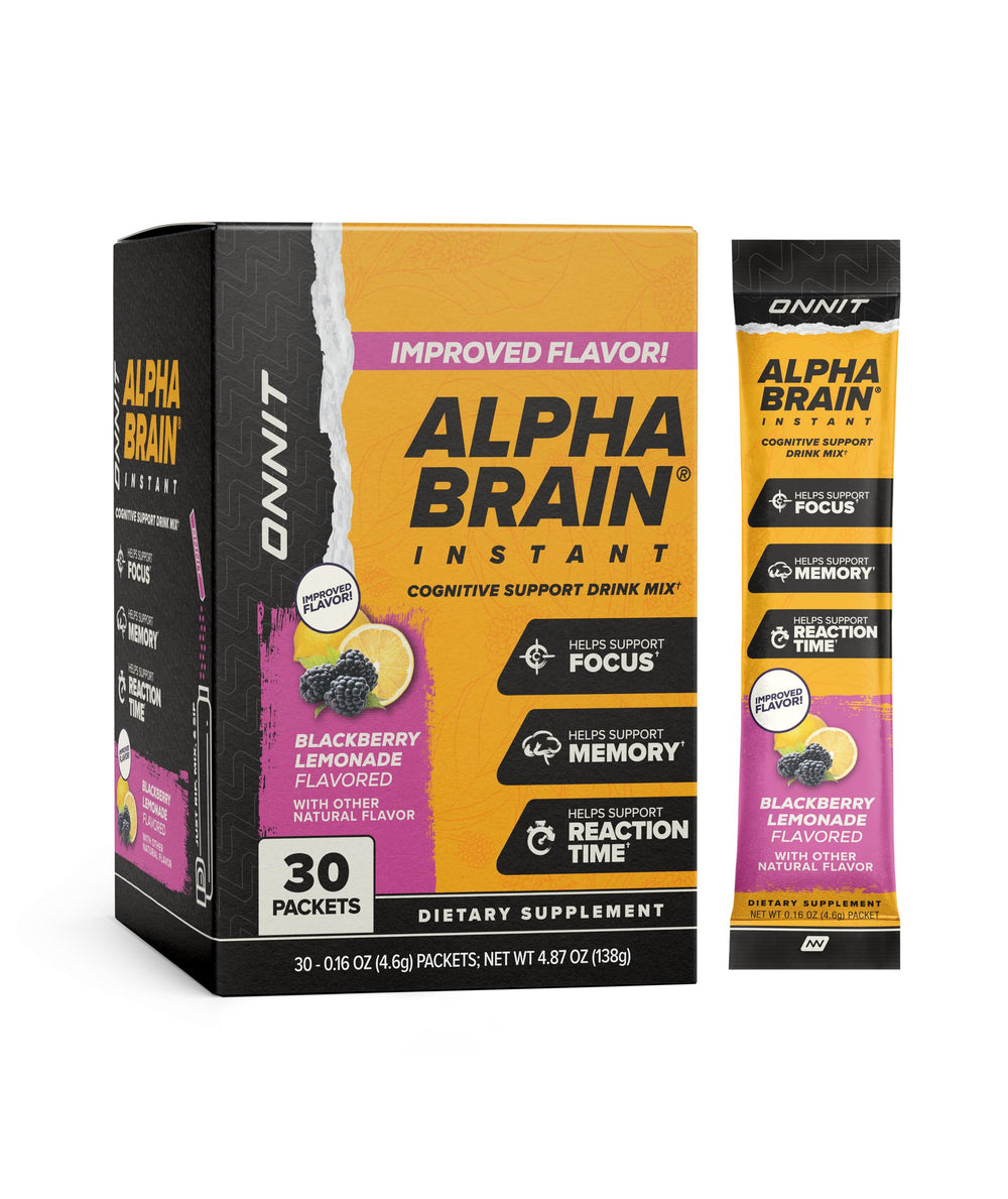 ONNIT Alpha Brain Instant packets on a counter for quick focus support during study