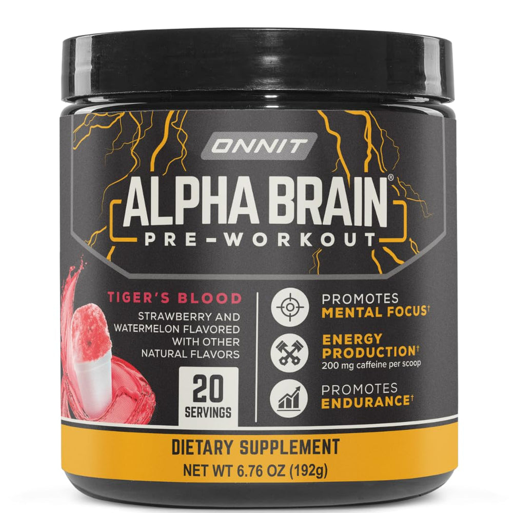 ONNIT Alpha Brain Tiger's Blood tub with visible powder and label transparency for trusted quality.