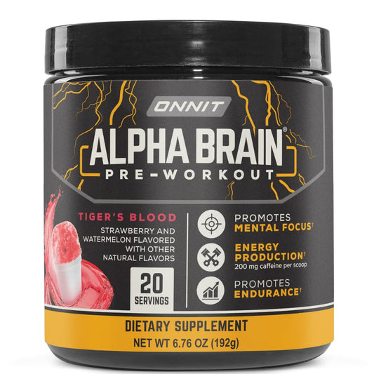 ONNIT Alpha Brain Tiger's Blood tub with visible powder and label transparency for trusted quality.