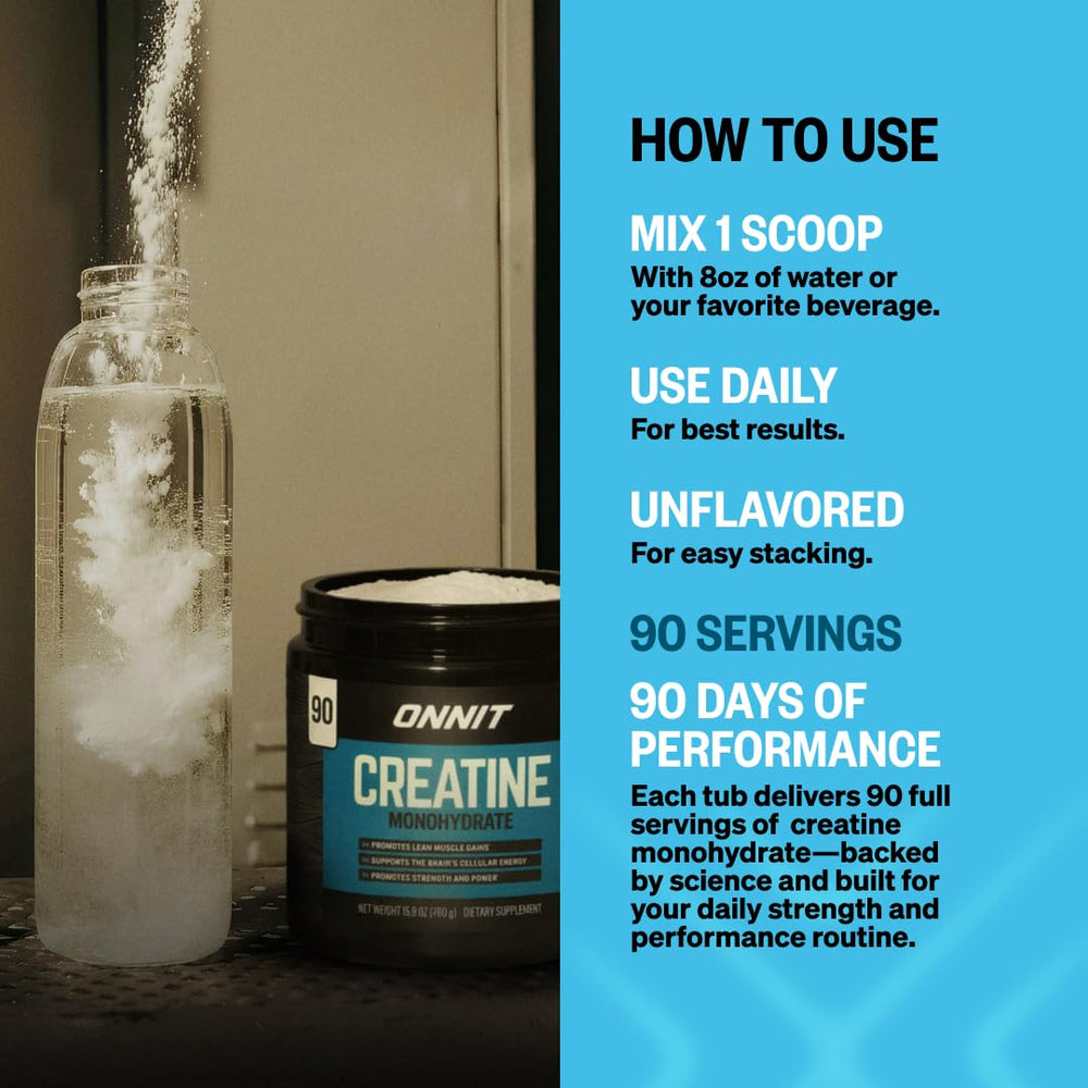 ONNIT Creatine Monohydrate powder texture shows fine, easy mixability.