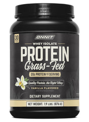 ONNIT Grass Fed Whey Isolate vanilla tub close-up for muscle support