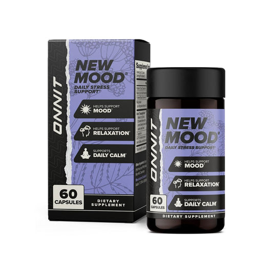 ONNIT New Mood bottle closeup shows calm mood support and non-GMO ingredients.