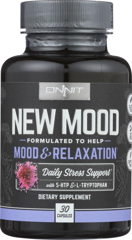 Onnit New Mood bottle on a kitchen counter, suggesting daily relaxation