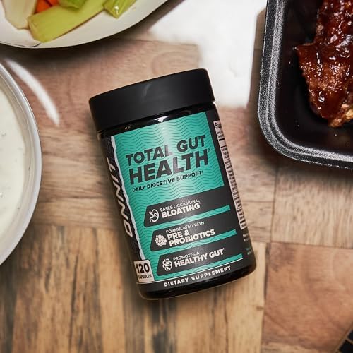 ONNIT Total GUT HEALTH bottle with meal imagery suggesting bloating relief.