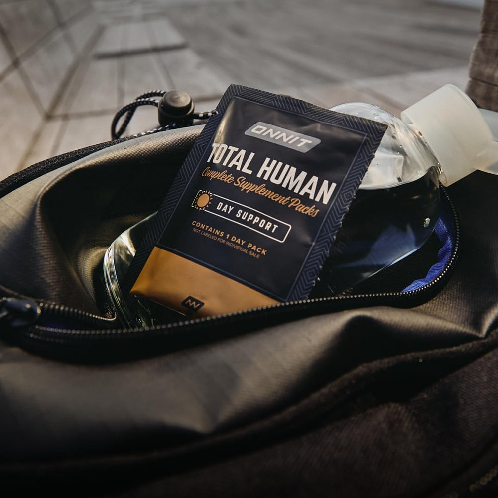 ONNIT Total Human night pack label closeup shows usage details.