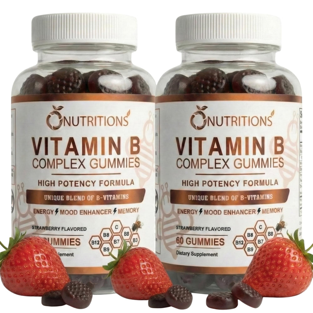 O NUTRITIONS Vitamin B Complex Gummies bottle with strawberry flavor supports daily energy.
