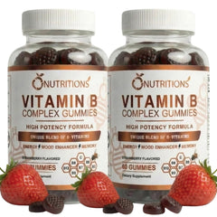 O NUTRITIONS Vitamin B Complex Gummies bottle with strawberry flavor supports daily energy.