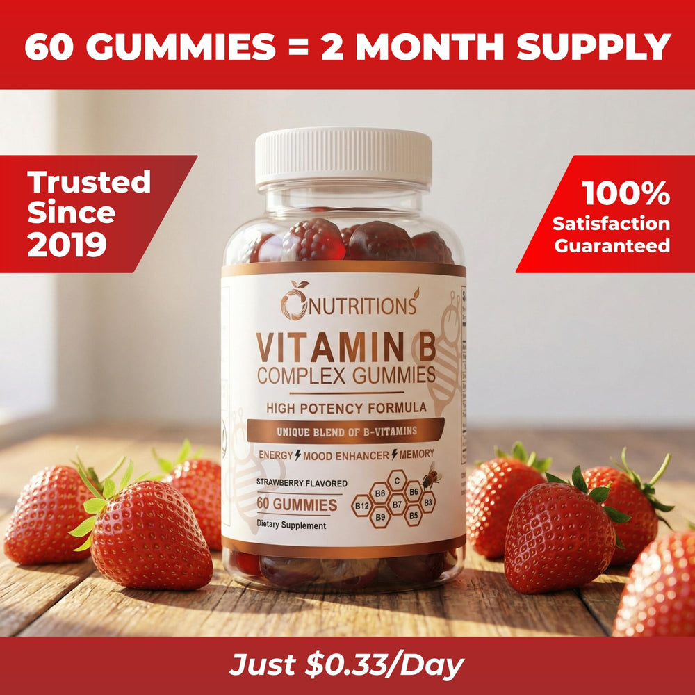 Label detail on the bottle emphasizes B12 and biotin content for mood and focus.