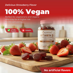 Close-up of a strawberry gummy highlighting vegan, gelatin-free formula for plant-based diets.