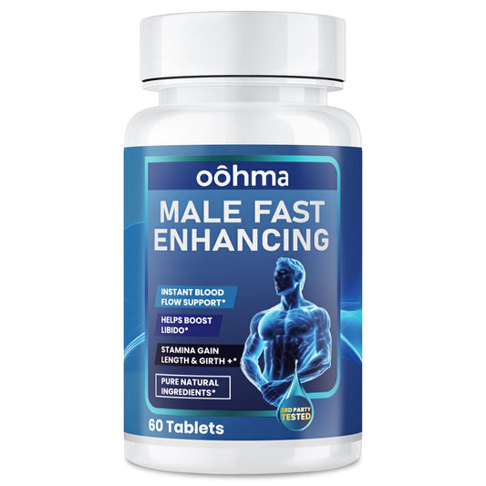 Oohma new male enhancing supplement bottle closeup for daily vitality support.