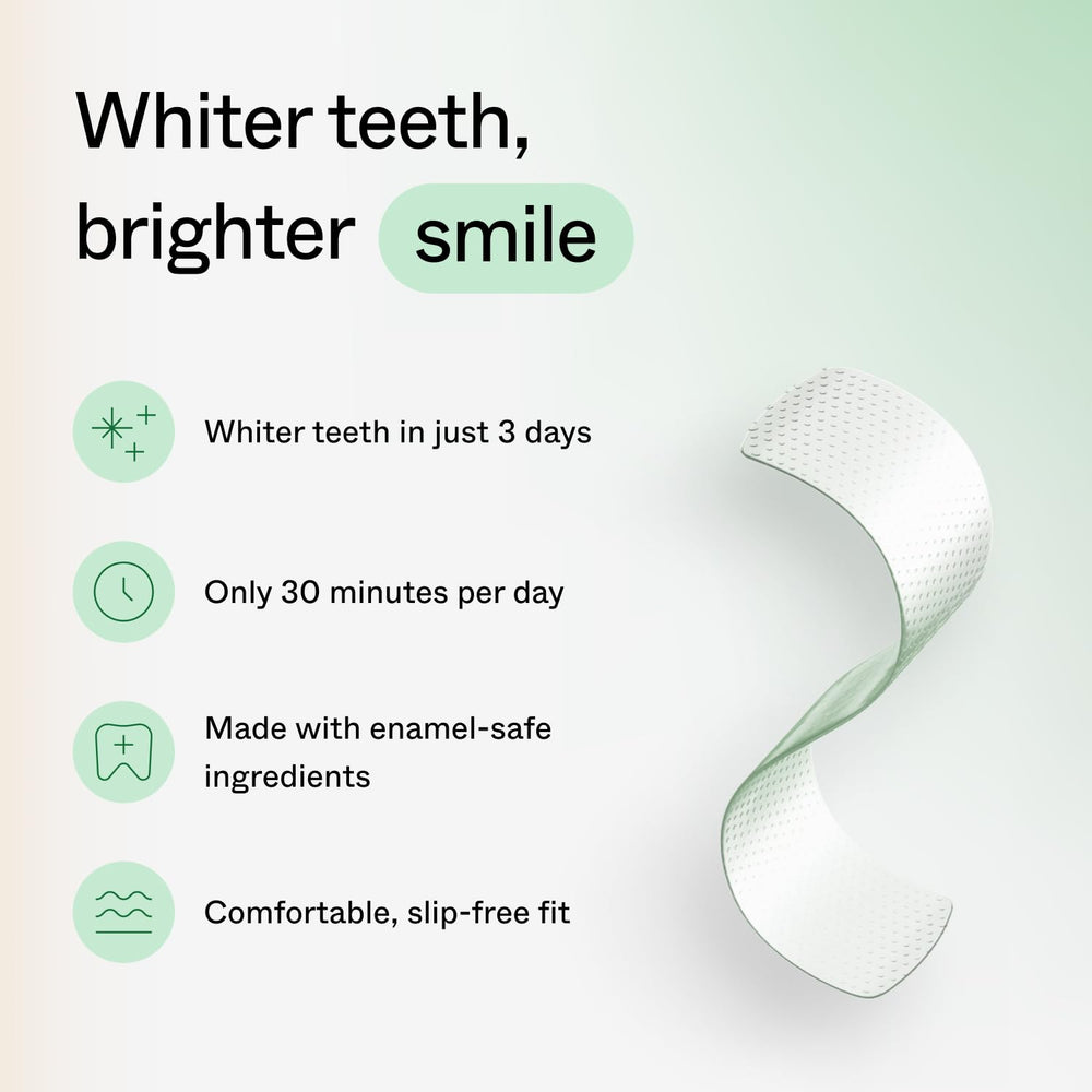 Opalescence Go strip on teeth, secure adhesion for mess-free whitening.