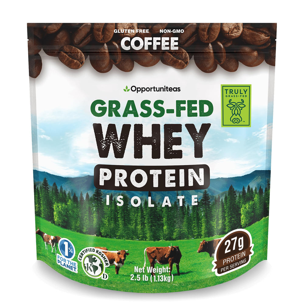 Opportuniteas grass-fed coffee whey bottle—high-protein energy for workouts.