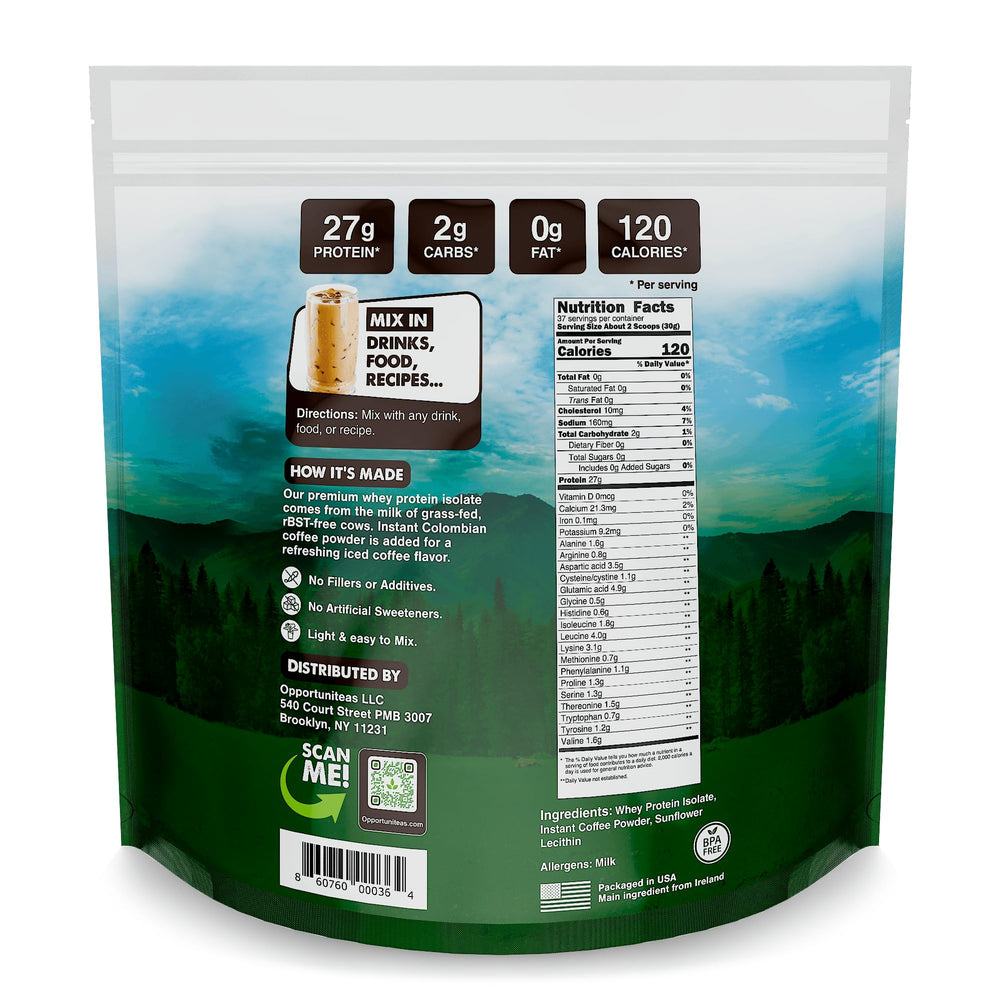 Opportuniteas grass-fed coffee whey label—transparent quality and clean ingredients.