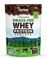 Opportuniteas Grass Fed Coffee Whey bottle pour for smooth post-workout shakes