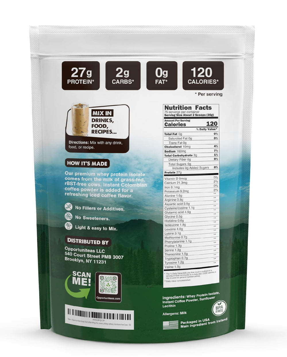 Opportuniteas Grass Fed Coffee Whey lab test label confirms purity and quality