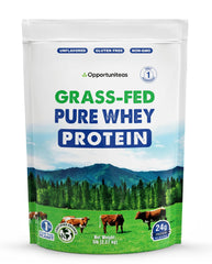 Opportuniteas grass-fed whey bottle pour showing pure protein for shakes