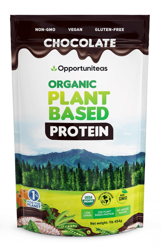 Opportuniteas organic plant-based protein powder canister with creamy chocolate flavor for shakes.