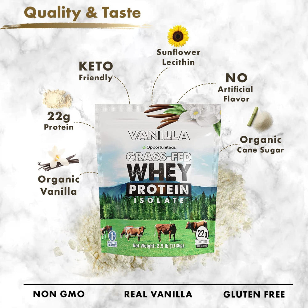 Opportuniteas organic sugar and vanilla in a whey protein mix.