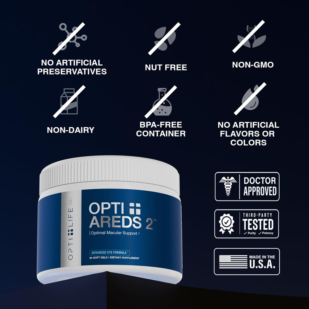 Close-up of Opti Life MD AREDS2 bottle label highlighting lutein and zeaxanthin.