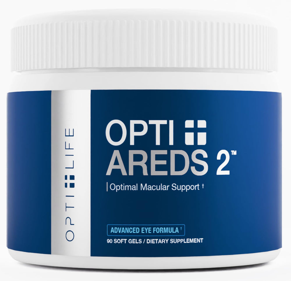 Opti Life MD AREDS2 softgels bottle shown for daily eye support.