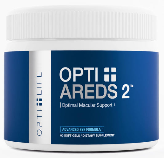 Opti Life MD AREDS2 softgels bottle shown for daily eye support.